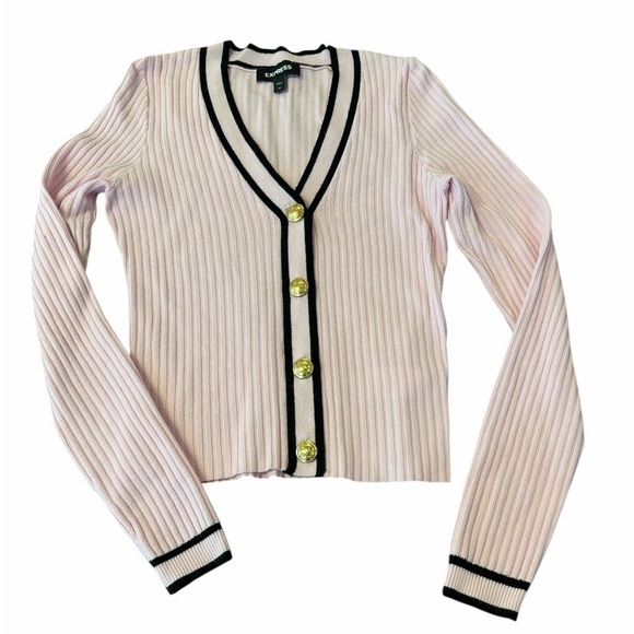Express Sweaters - Express Pink Ribbed Cardigan with Black Trim and Gold Buttons. Womens XSmall